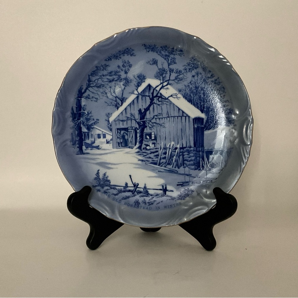 Currier & Ives Decorative Plate: The Old Homestead Winter Farmhouse Scene